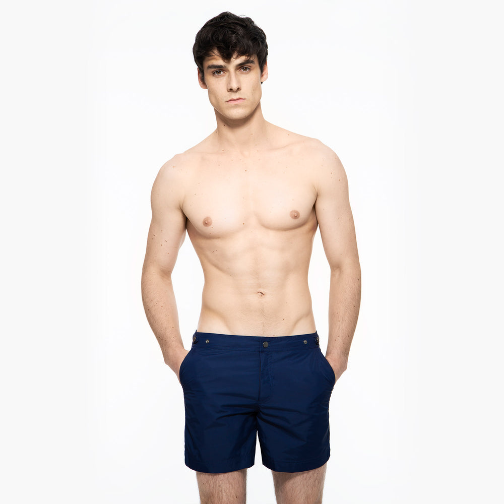 Elvio Blue Tailored Deep Sea Swim ShortCut in our signature Elvio silhouette, these hybrid swim shorts are made from quick drying breathable shell. 
An elevated take on the classic swim shorts, they featuswim shorts