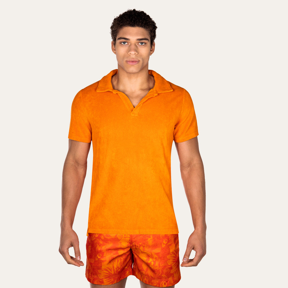 Riviera Terry Polo
  
Cut from  organic terry toweling fabric that is soft and highly breathable, our Riviera polo is designed with an open placket which exudes effortless cool.
An Id