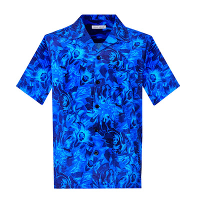 Luka Blue floral Camp Collar ShirtCut from breathable cotton seersucker fabric, the Luka  camp collar shirt is Inspired by the classic cuban shirt. Featuring a hand painted floral motif , this is our