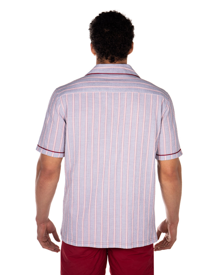 Luka Grey Shirt with Burgundy PipingCut from a breathable cotton seersucker fabric, the Luka  shirt is Inspired by the classic cuban shirt. Designed with a camp collar and burgundy contrasting piping. 
