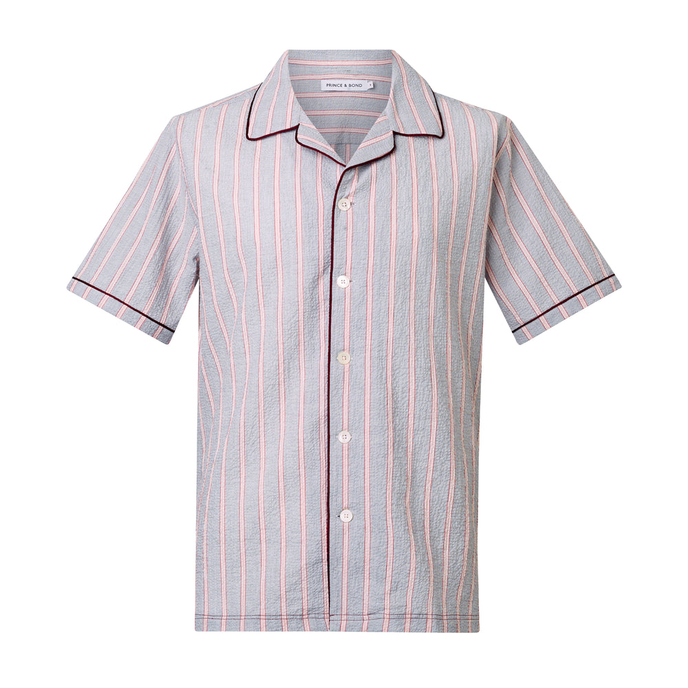 Luka Grey Shirt with Burgundy PipingCut from a breathable cotton seersucker fabric, the Luka  shirt is Inspired by the classic cuban shirt. Designed with a camp collar and burgundy contrasting piping. 