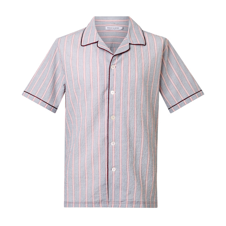 Luka Grey Shirt with Burgundy PipingCut from a breathable cotton seersucker fabric, the Luka  shirt is Inspired by the classic cuban shirt. Designed with a camp collar and burgundy contrasting piping. 
