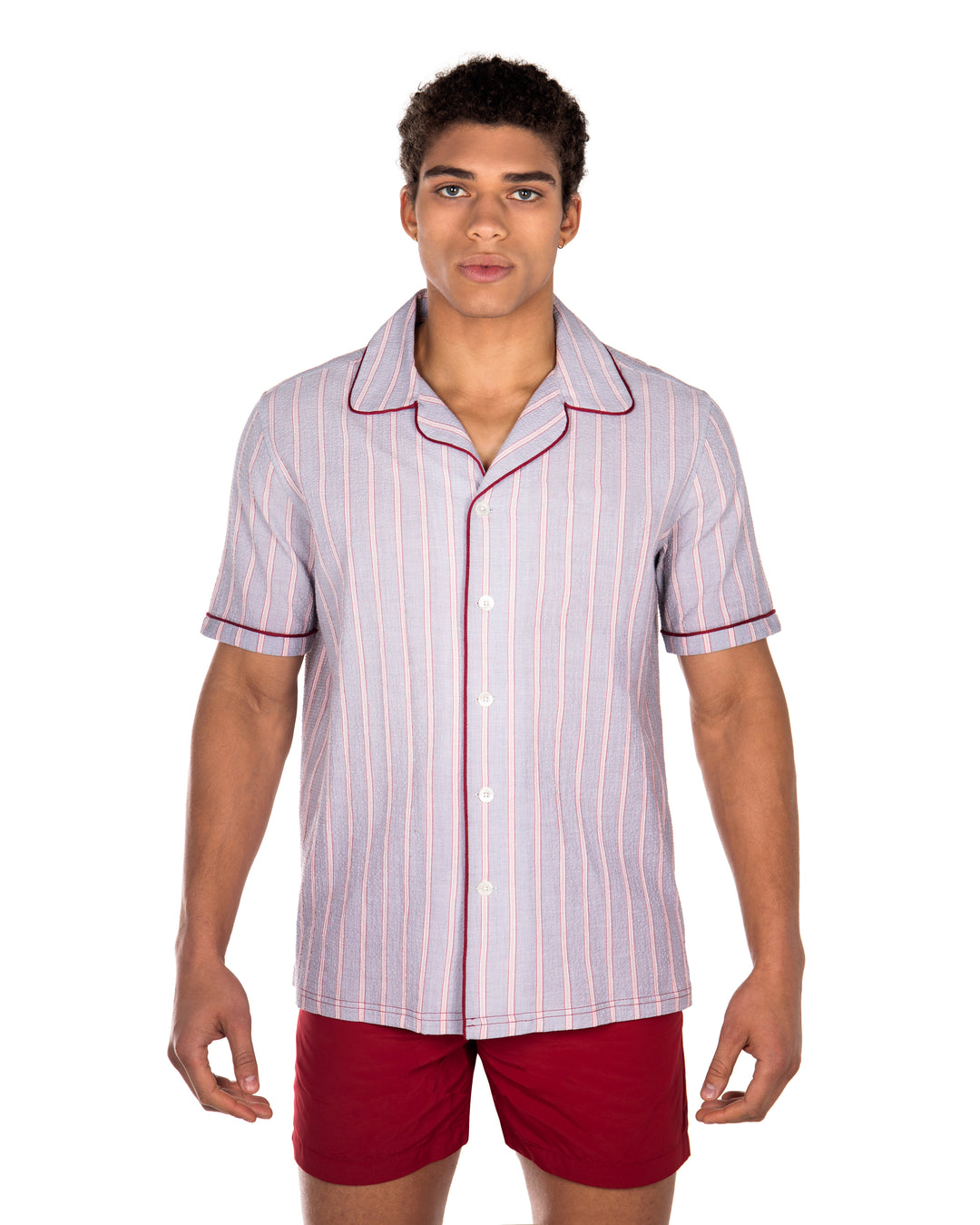 Luka Grey Shirt with Burgundy PipingCut from a breathable cotton seersucker fabric, the Luka  shirt is Inspired by the classic cuban shirt. Designed with a camp collar and burgundy contrasting piping. 
