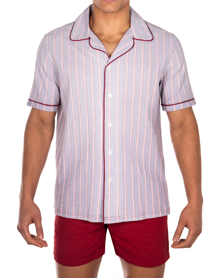 Luka Grey Shirt with Burgundy PipingCut from a breathable cotton seersucker fabric, the Luka  shirt is Inspired by the classic cuban shirt. Designed with a camp collar and burgundy contrasting piping. 